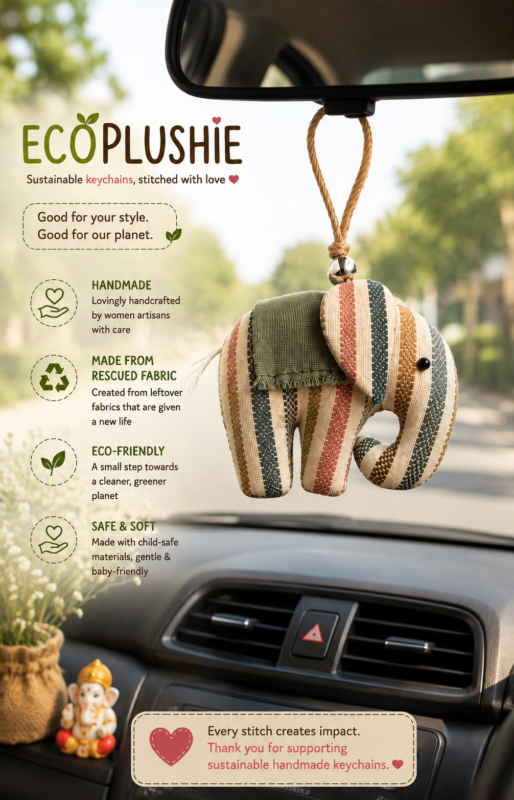Handmade Elephant Keychain โ Recycled Fabric Elephant Bag Charm | Eco-Friendly Keyring