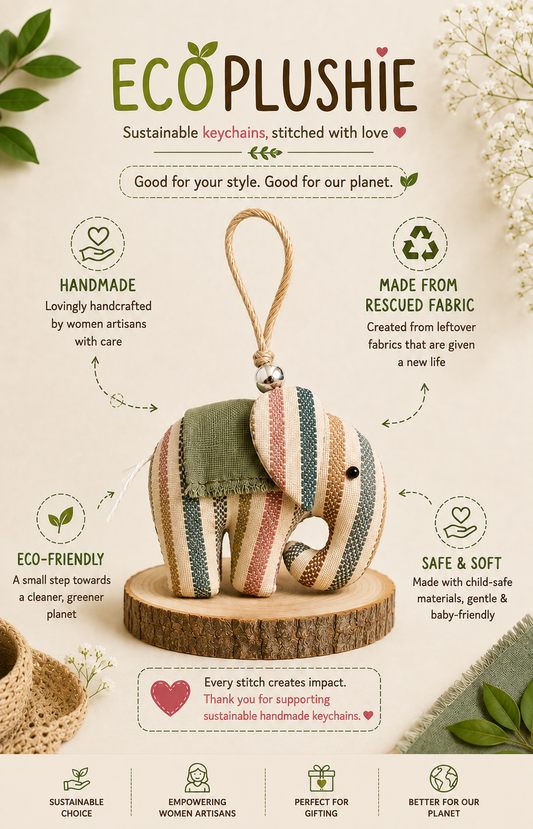 Handmade Elephant Keychain – Recycled Fabric Elephant Bag Charm | Eco-Friendly Keyring