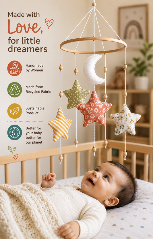 Handmade Baby Crib Mobile | Recycled Fabric Star & Moon Nursery Hanging | Sustainable Baby Room Decor